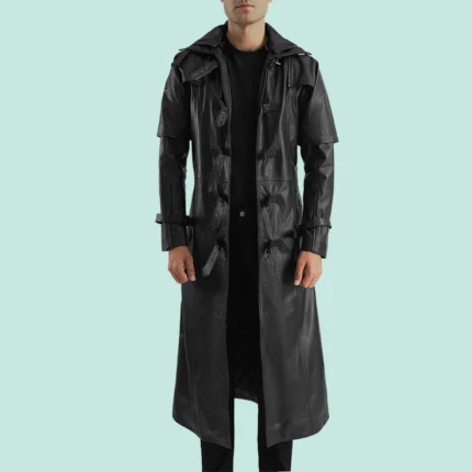 Huntsman Black Hooded Leather Trench Coat