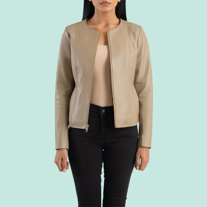 Elixir Beige Collarless Leather Jacket