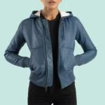 Luna Blue Hooded Leather Bomber Jacket