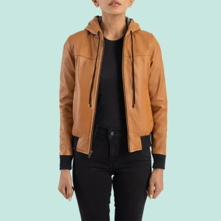 Rebella Brown Hooded Leather Bomber Jacket