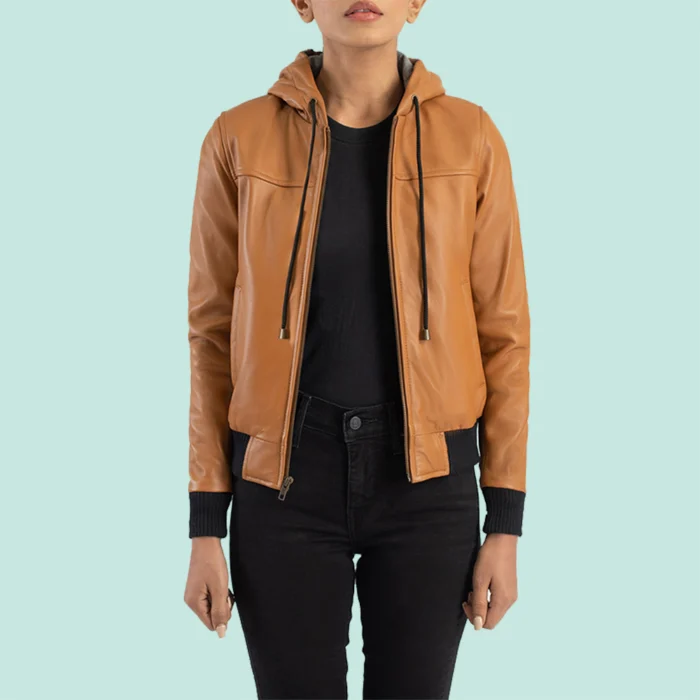 Rebella Brown Hooded Leather Bomber Jacket