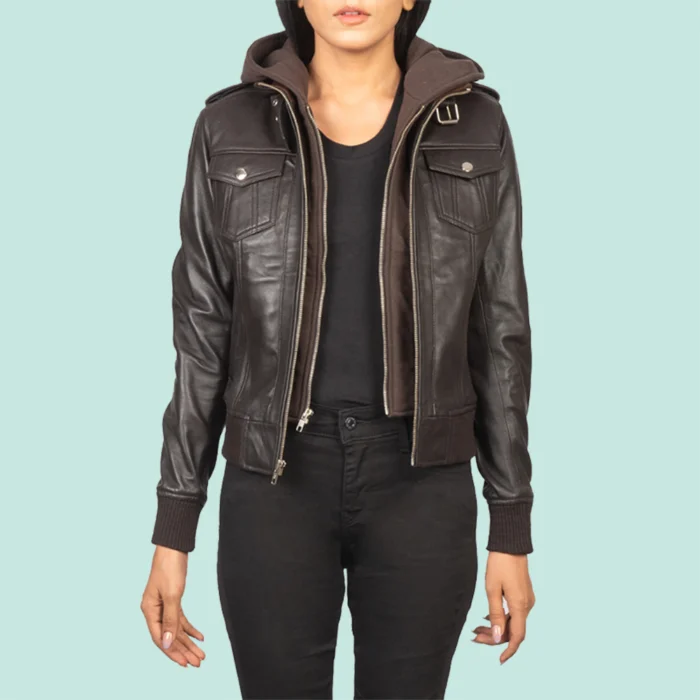 Roslyn Brown Hooded Leather Bomber Jacket