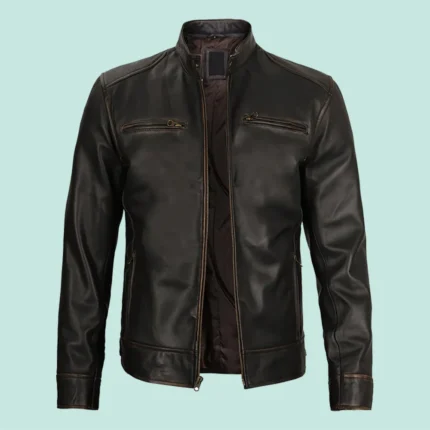 Dodge Mens Rub-off Dark Brown Cafe Racer Leather Jackets