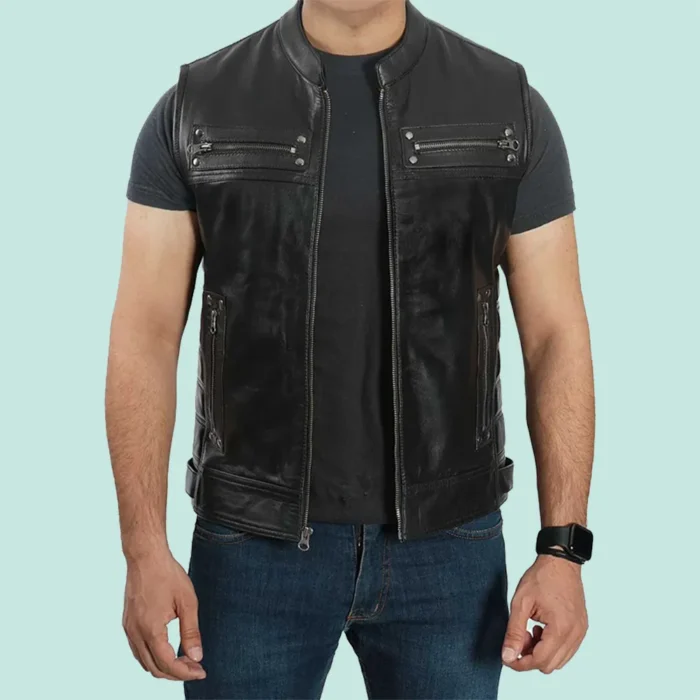 Mens Black Real Leather Motorcycle Vest - Modern Biker Style