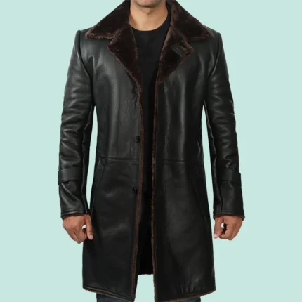 Black Long Leather Coat with Brown Fur Shearling