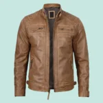 Men's Distressed Camel Brown Cafe Racer Leather Jacket