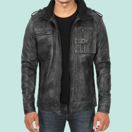 Tavares Mens Distressed Black Leather Biker Jacket