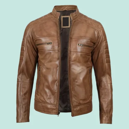 Men's Distressed Tan Cafe Racer Real Leather Jacket