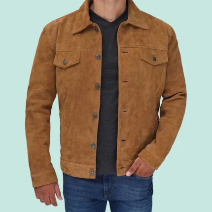 Tan Mens Trucker Real Suede Jacket