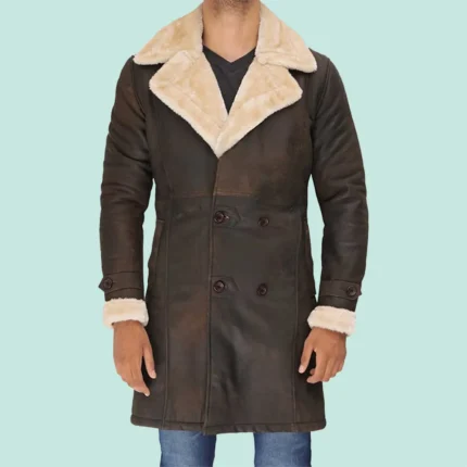 Sullivan Mens Double Breasted Shearling Brown Leather Coat