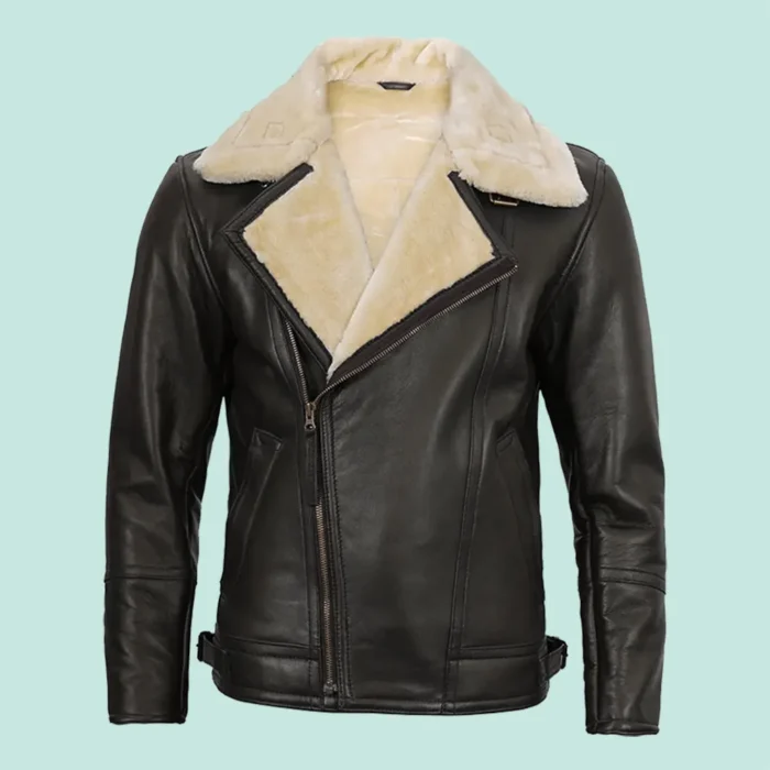 Mens Brown Asymmetrical Shearling Leather Jacket