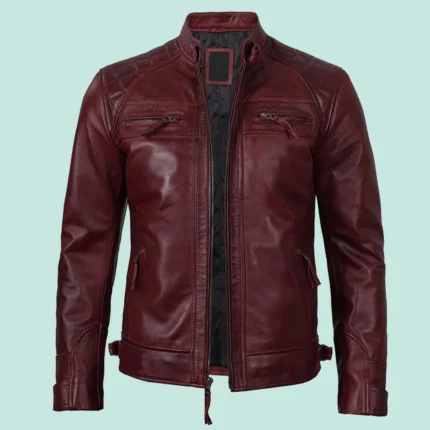 Mens Real Leather Maroon Quilted Biker Jacket