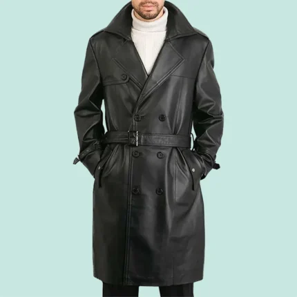 Mens Belted Double Breasted Black Leather Trench Coat