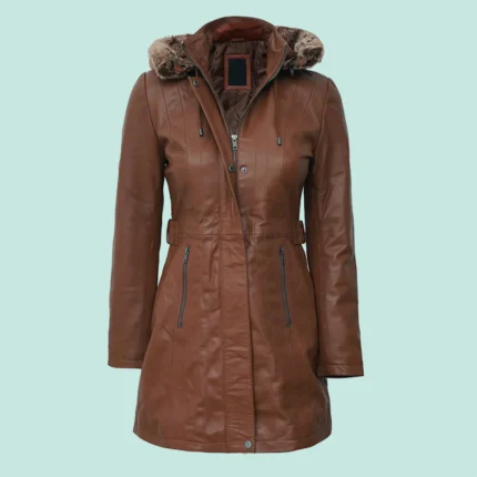 Womens Zipper Button Down Brown Leather Long Coat with Removable Shearling Hood