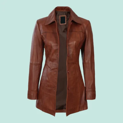 Kandis Womens Cognac Leather Car Coat