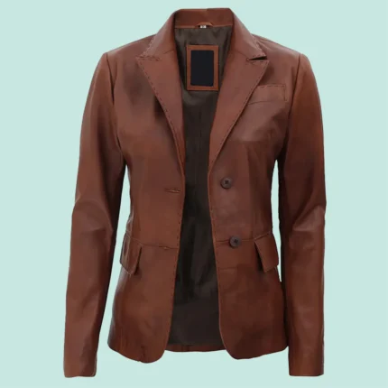 Womens Brown Two Button Leather Blazer Jacket