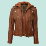 Bagheria Womens Tan Leather Jacket with Removable Hoods