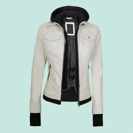 Tralee Womens Bomber Off White Real Leather Jacket with Hood