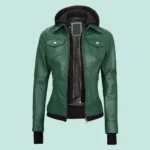 Tralee Womens Green Real Leather Jacket with Hood