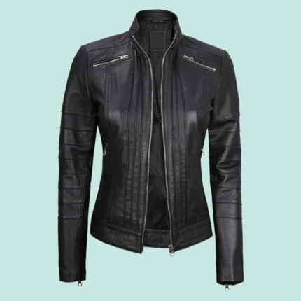 Womens Black Real Leather Cafe Racer Jacket with Decorated Seams