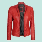 Women Red Quilted Cafe Racer Leather Jacket