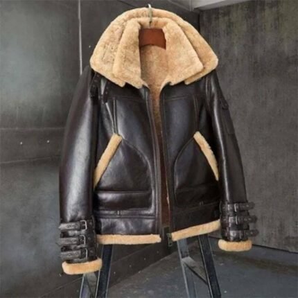 Brown Double Collar Triple Belted Cuffs Shearling Leather Jacket