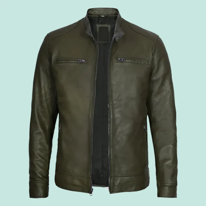 Dodge Men's Green Cafe Racer Leather Jacket