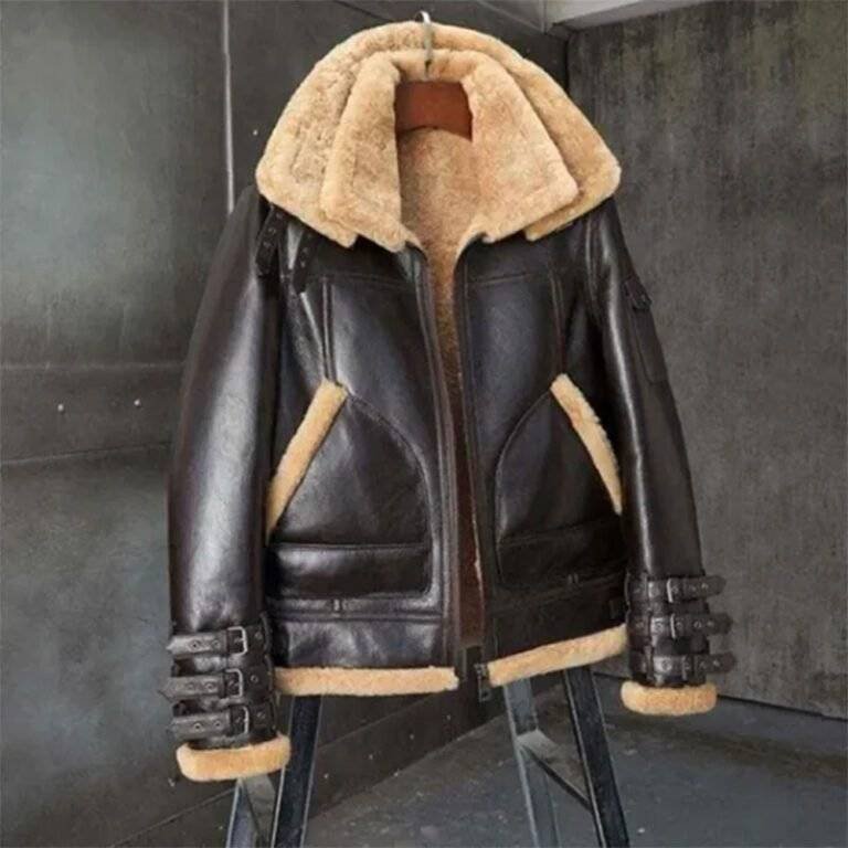 Brown Double Collar Triple Belted Cuffs Shearling Leather Jacket