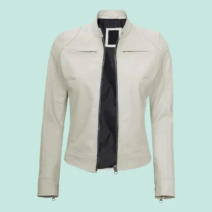 White Leather Motorcycle Cafe Racer Jacket for Women