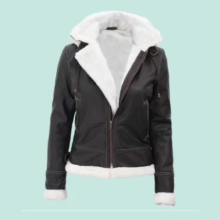 Womens Bomber Fur Lined Leather Jacket with Removable Hood