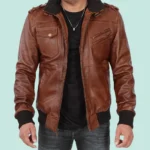 Mens Brown High Quality Leather Bomber Jacket With Removable Hood