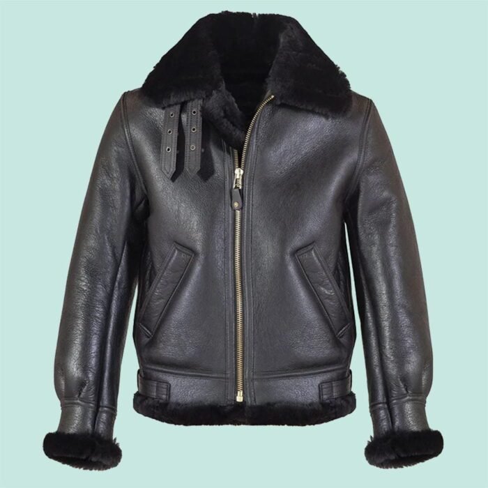 Classic B-3 Sheepskin Black Leather Bomber Jacket