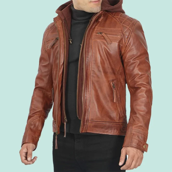 Johnson Quilted Tan Leather Jacket with Detachable Hood