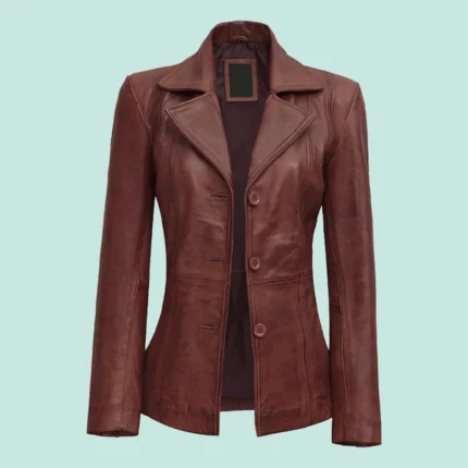 Cognac Brown Leather Blazer Women - Formal Wear