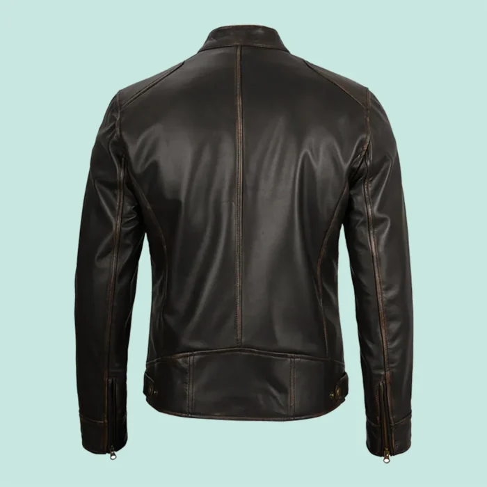 Dodge Mens Rub-off Dark Brown Cafe Racer Leather Jacket