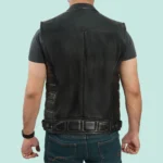 Mens Black Real Leather Motorcycle Vest - Modern Biker Style