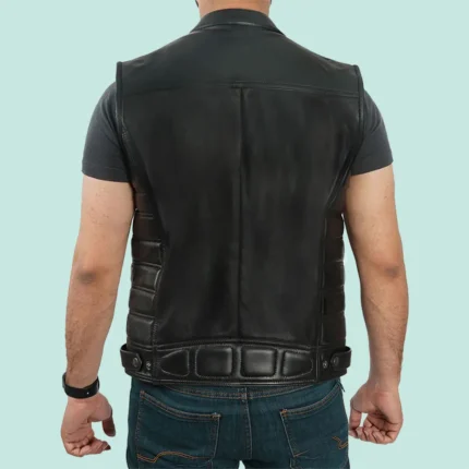 Mens Black Real Leather Motorcycle Vest - Modern Biker Style