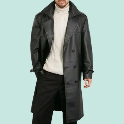 Mens Belted Double Breasted Black Leather Trench Coat