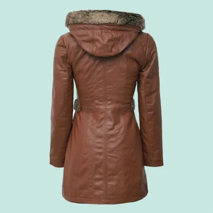 Womens Zipper Button Down Brown Leather Long Coat with Removable Shearling Hood