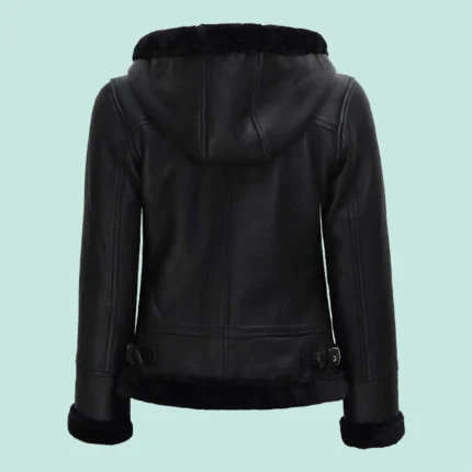 Womens Black Shearling Bomber Leather Jacket with Hood