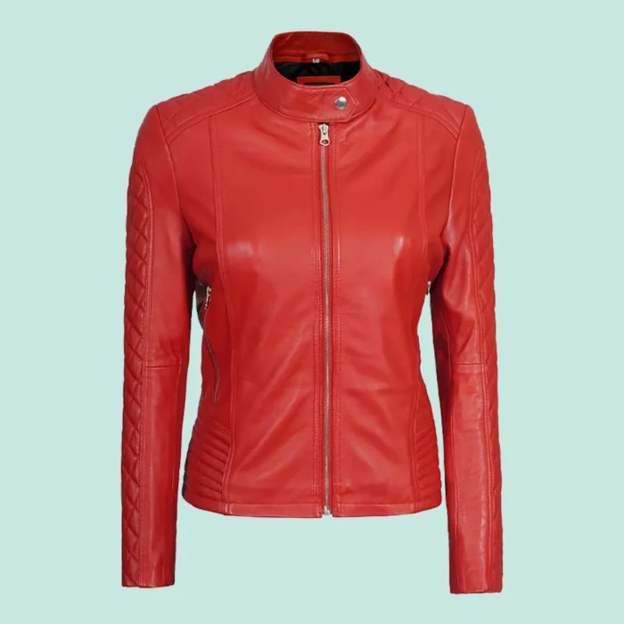 Women Red Quilted Cafe Racer Leather Jacket