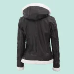 Womens Bomber Fur Lined Leather Jacket with Removable Hood