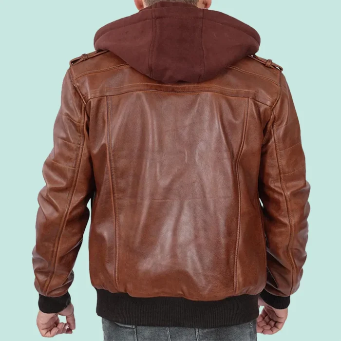 Mens Brown High Quality Leather Bomber Jacket With Removable Hood