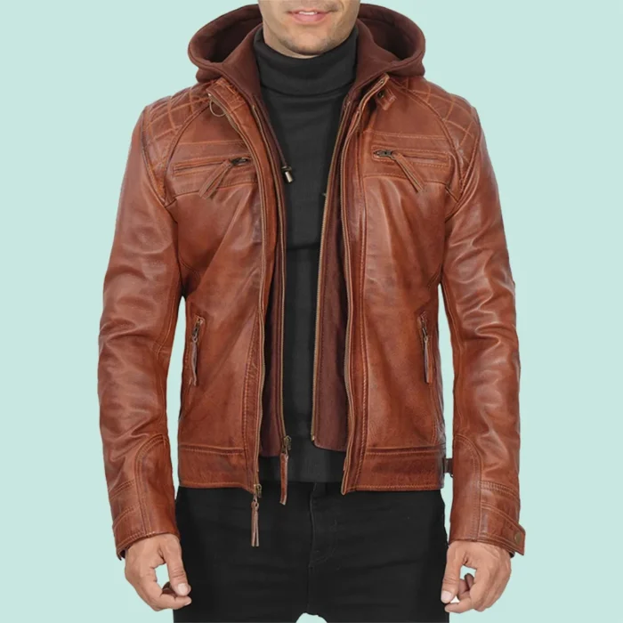 Johnson Quilted Tan Leather Jacket with Detachable Hood