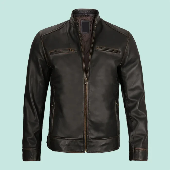 Dodge Mens Rub-off Dark Brown Cafe Racer Leather Jacket