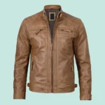 Men's Distressed Camel Brown Cafe Racer Leather Jacket