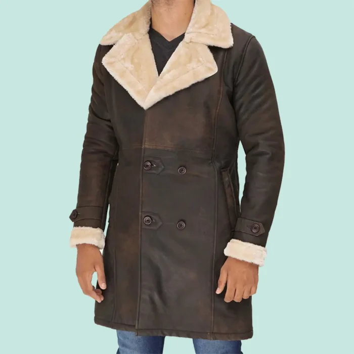 Sullivan Mens Double Breasted Shearling Brown Leather Coat - Winter Jacket