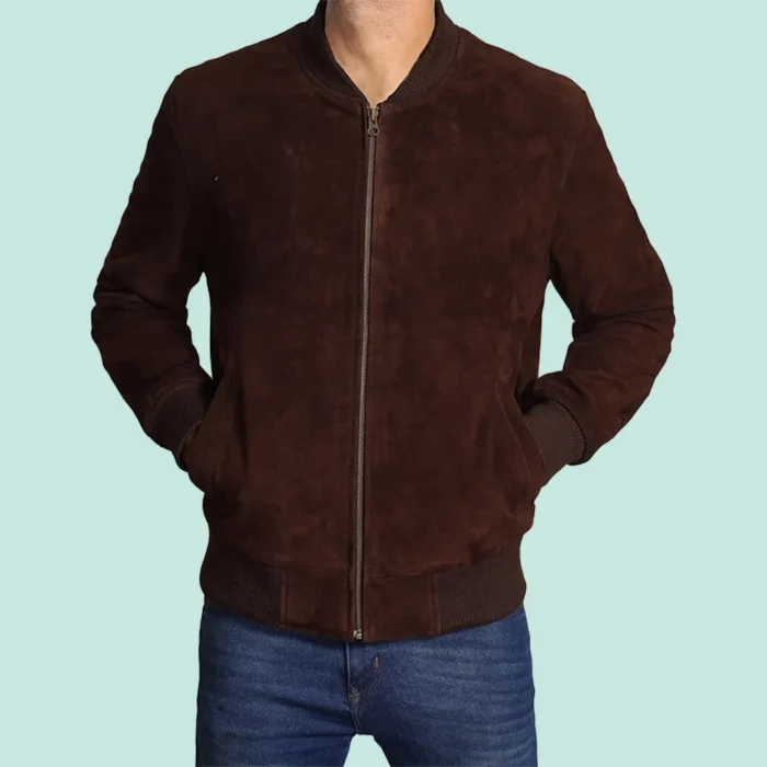 Adamsville Mens Dark Brown Suede Leather Bomber Jacket