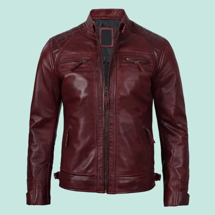 Mens Real Leather Maroon Quilted Biker Jacket