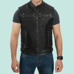 Mens Black Real Leather Motorcycle Vest - Modern Biker Style